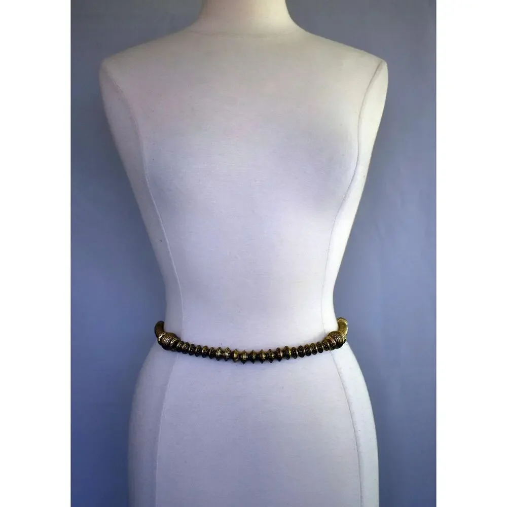 Vintage 90s Brass Tone Metal Mixed Oval Beads Chain Link Belt, One Size Fits All